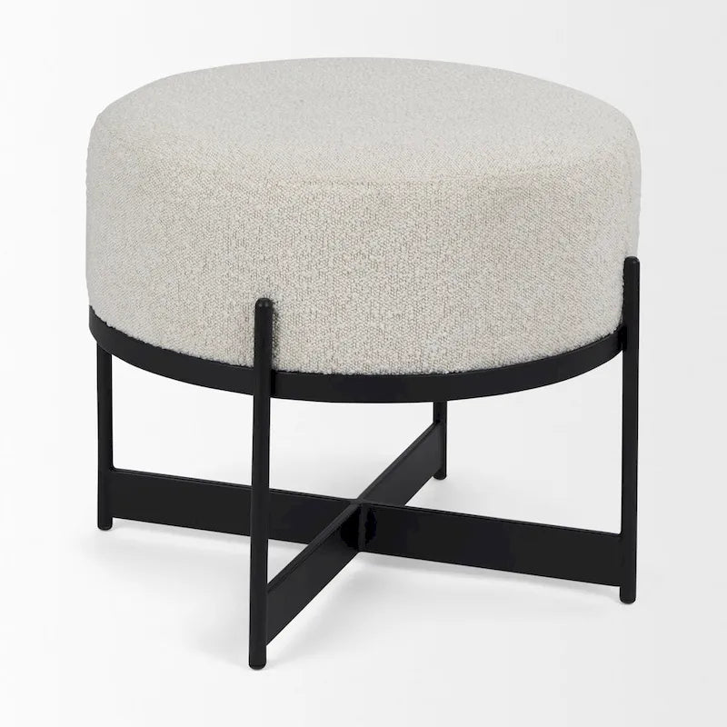 Cream Boucle Fabric Round Ottoman with Black Metal Frame