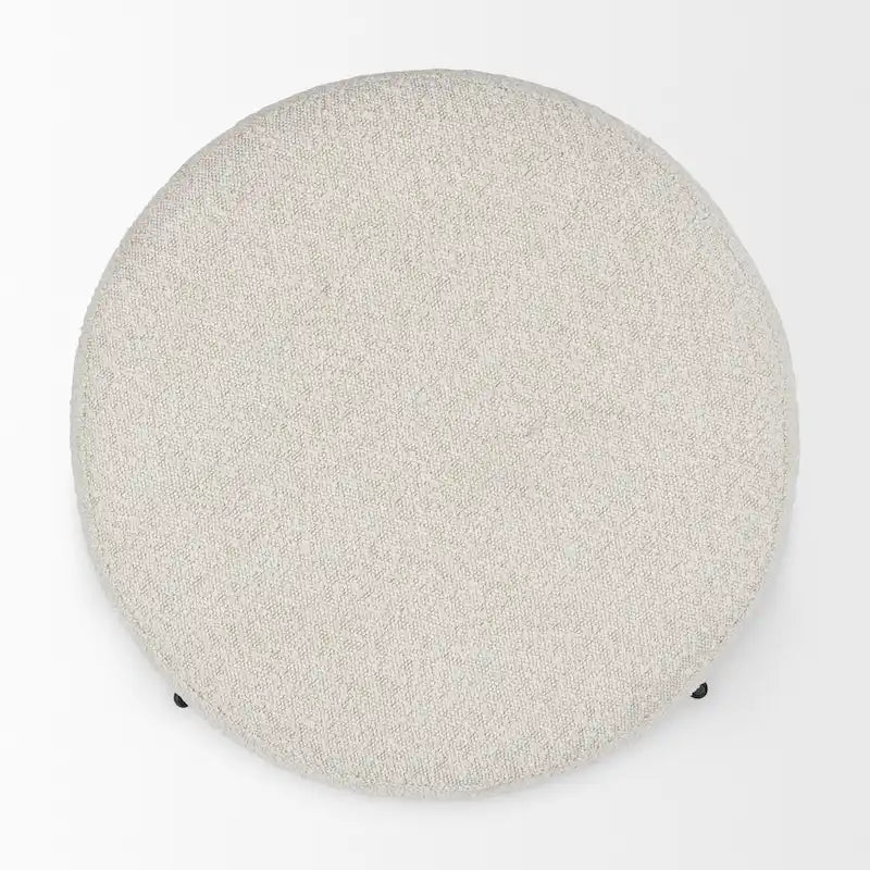 Cream Boucle Fabric Round Ottoman with Black Metal Frame