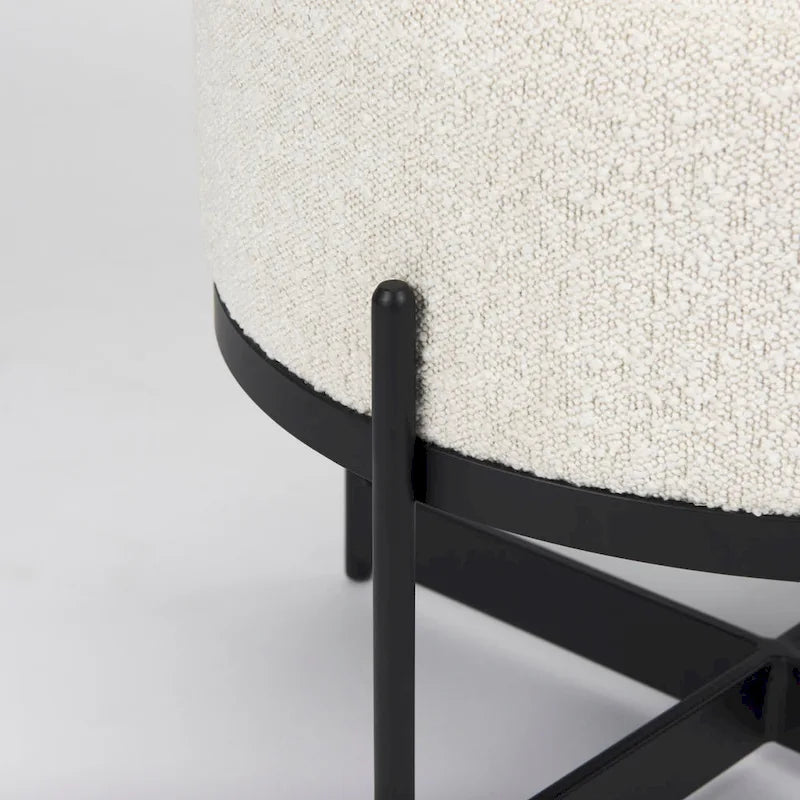 Cream Boucle Fabric Round Ottoman with Black Metal Frame