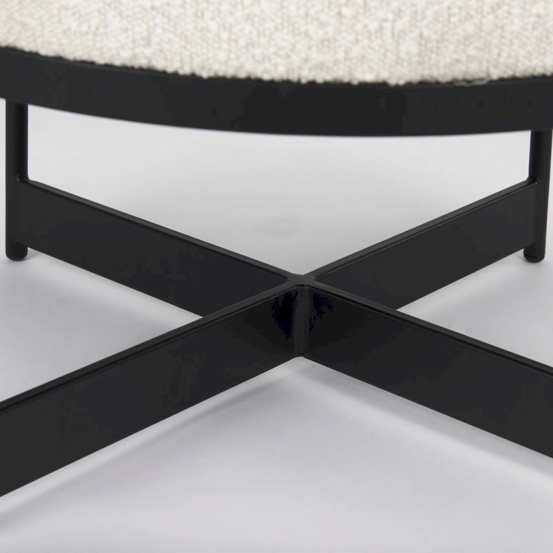Cream Boucle Fabric Round Ottoman with Black Metal Frame
