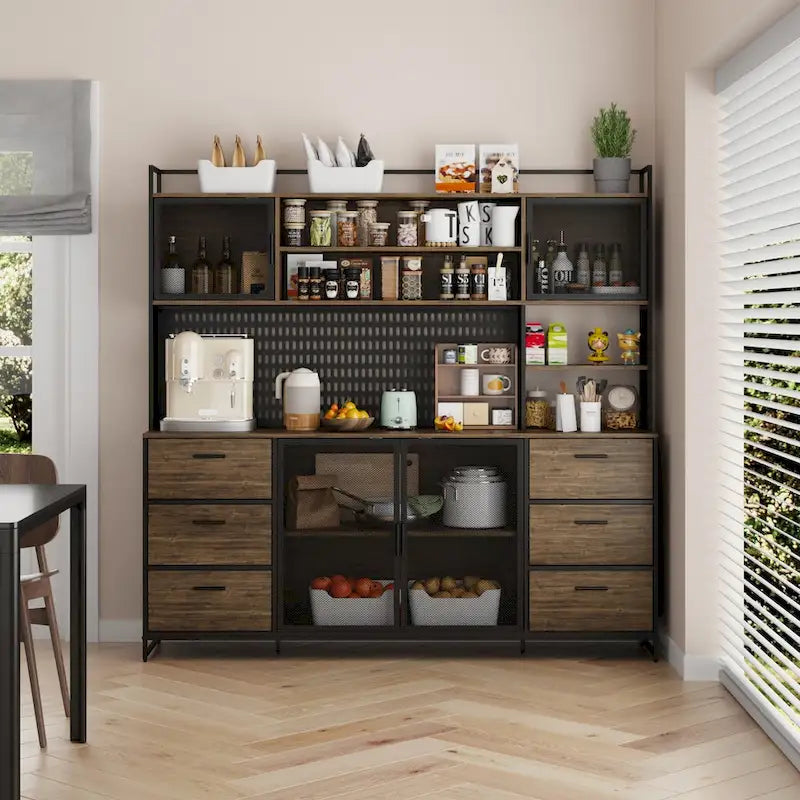 Large Kitchen Hutch Cabinet,Pantry with Metal Doors&6 Drawers&Shelves - 70.9W