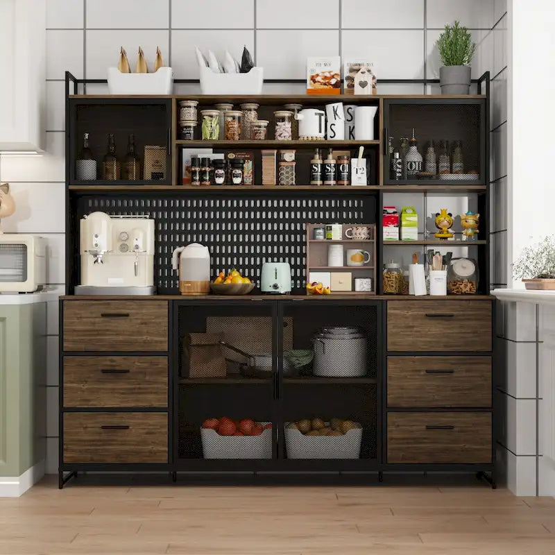 Large Kitchen Hutch Cabinet,Pantry with Metal Doors&6 Drawers&Shelves - 70.9W