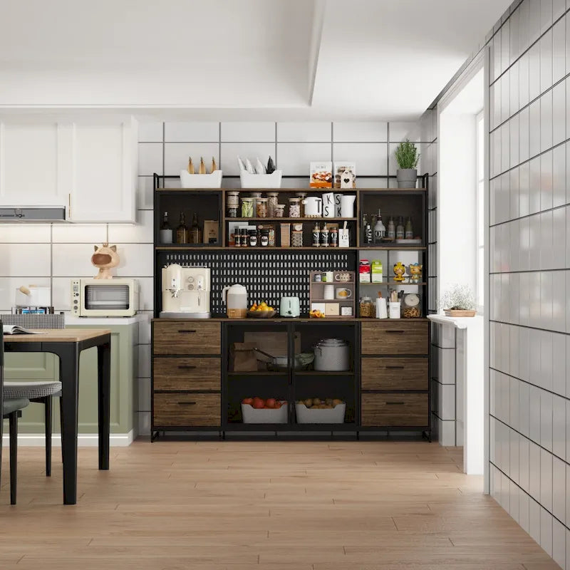 Large Kitchen Hutch Cabinet,Pantry with Metal Doors&6 Drawers&Shelves - 70.9W