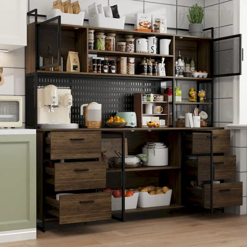 Large Kitchen Hutch Cabinet,Pantry with Metal Doors&6 Drawers&Shelves - 70.9W