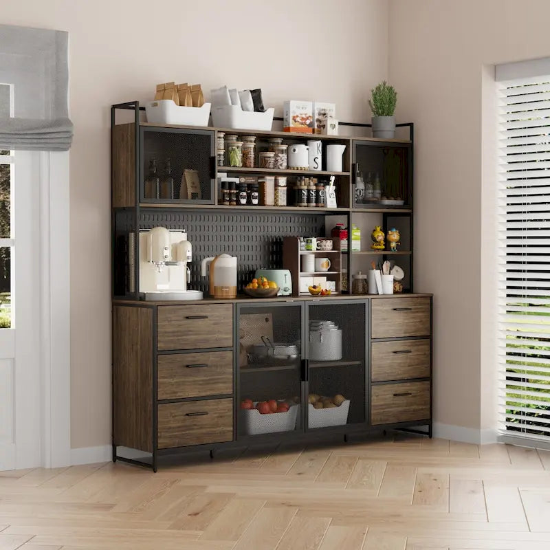 Large Kitchen Hutch Cabinet,Pantry with Metal Doors&6 Drawers&Shelves - 70.9W