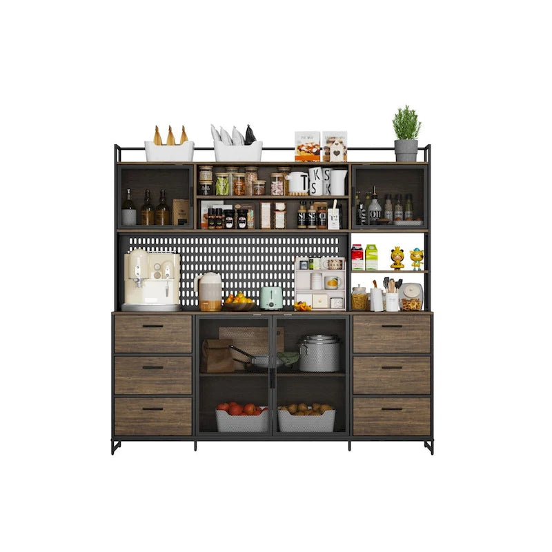 Large Kitchen Hutch Cabinet,Pantry with Metal Doors&6 Drawers&Shelves - 70.9W