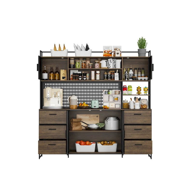 Large Kitchen Hutch Cabinet,Pantry with Metal Doors&6 Drawers&Shelves - 70.9W