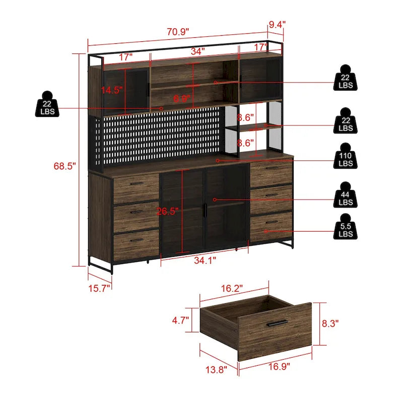 Large Kitchen Hutch Cabinet,Pantry with Metal Doors&6 Drawers&Shelves - 70.9W