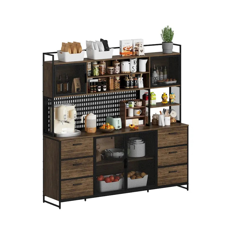 Large Kitchen Hutch Cabinet,Pantry with Metal Doors&6 Drawers&Shelves - 70.9W