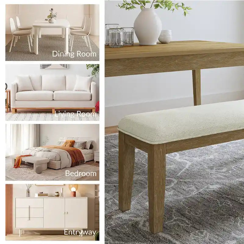 Rustic Farmhouse Solid Wood Dining Bench with Cushion