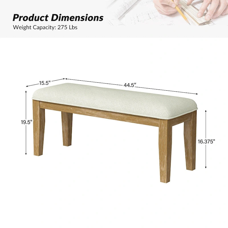 Rustic Farmhouse Solid Wood Dining Bench with Cushion