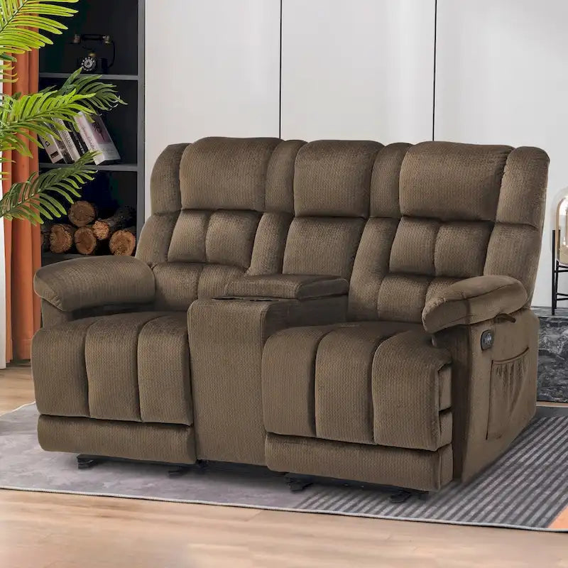 Power Loveseat Recliner with Console, Vibration and Heat, USB Charge Ports RS6234