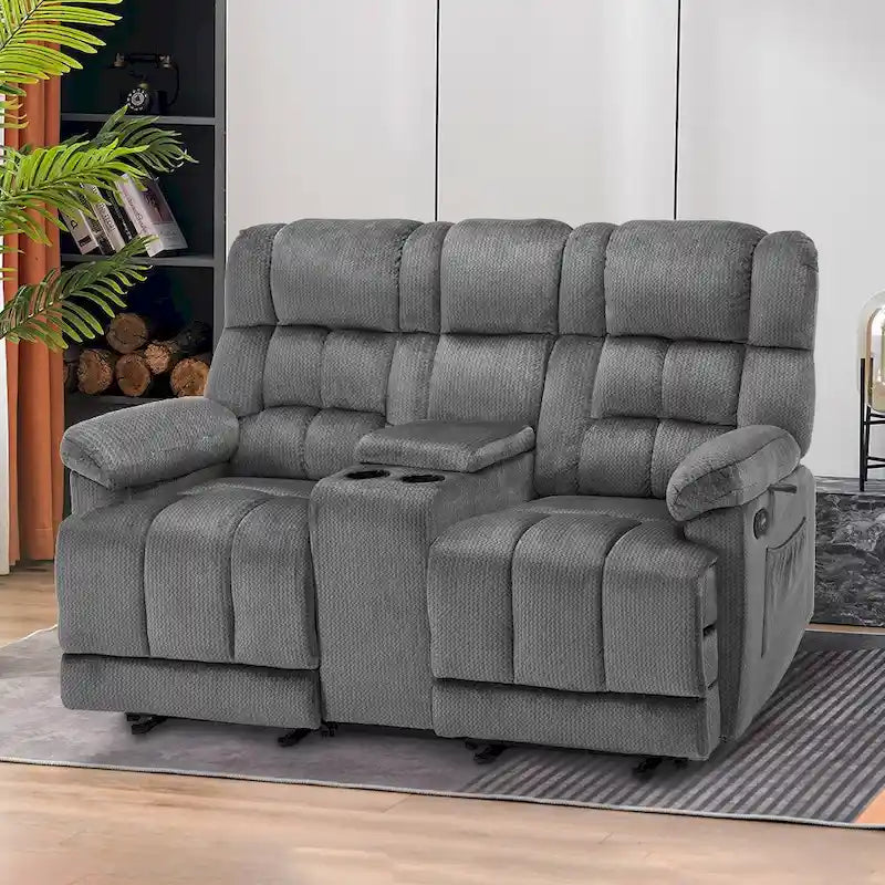 Power Loveseat Recliner with Console, Vibration and Heat, USB Charge Ports RS6234