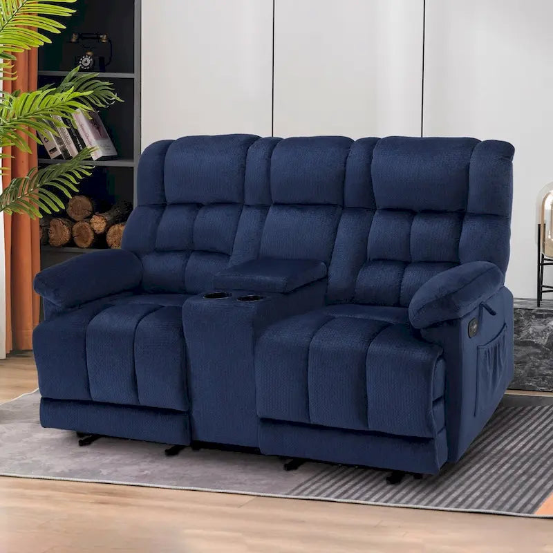 Power Loveseat Recliner with Console, Vibration and Heat, USB Charge Ports RS6234