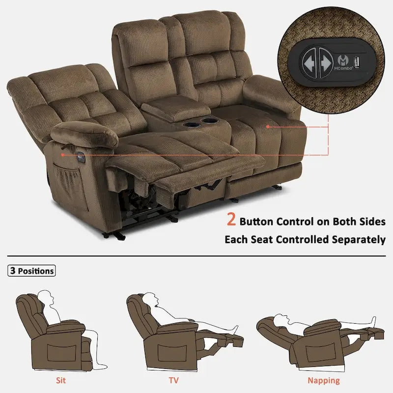 Power Loveseat Recliner with Console, Vibration and Heat, USB Charge Ports RS6234