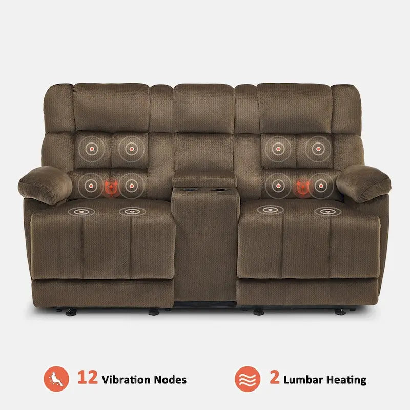 Power Loveseat Recliner with Console, Vibration and Heat, USB Charge Ports RS6234
