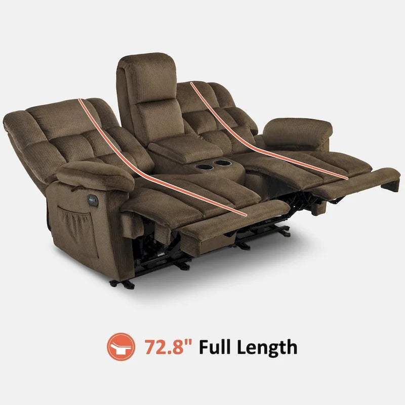 Power Loveseat Recliner with Console, Vibration and Heat, USB Charge Ports RS6234