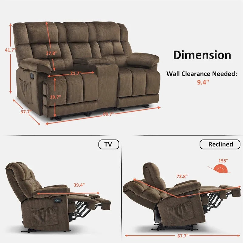 Power Loveseat Recliner with Console, Vibration and Heat, USB Charge Ports RS6234