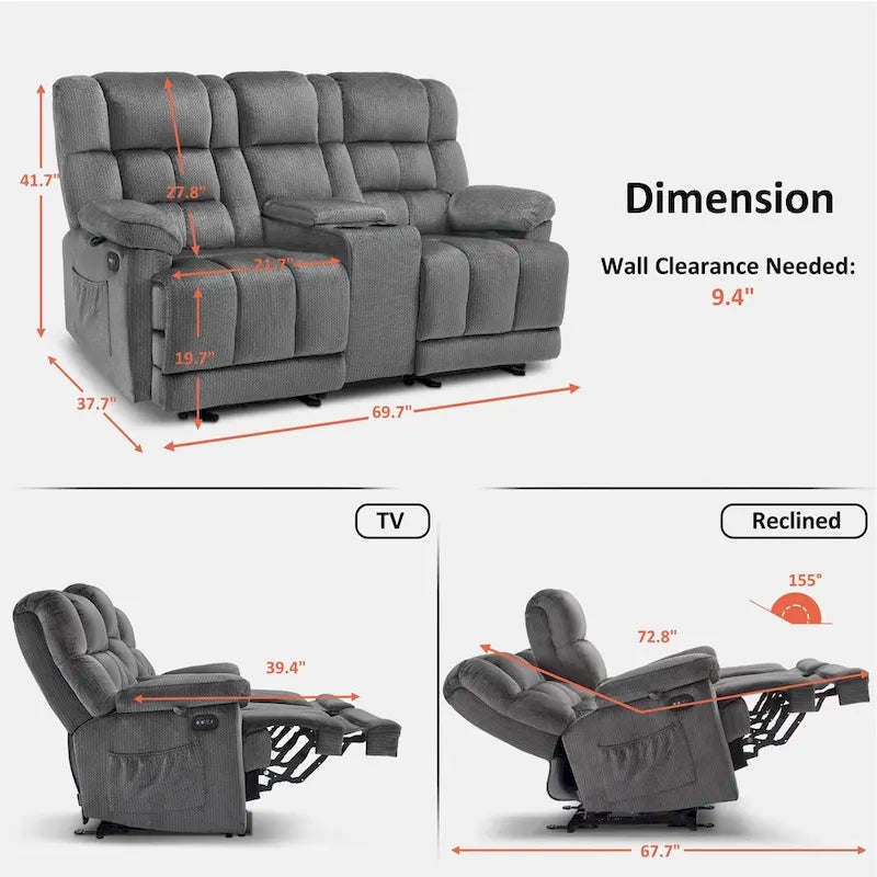 Power Loveseat Recliner with Console, Vibration and Heat, USB Charge Ports RS6234
