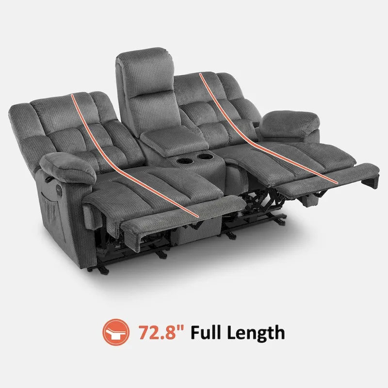 Power Loveseat Recliner with Console, Vibration and Heat, USB Charge Ports RS6234