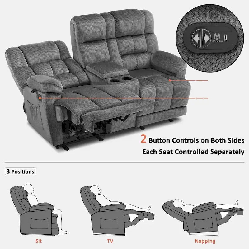 Power Loveseat Recliner with Console, Vibration and Heat, USB Charge Ports RS6234