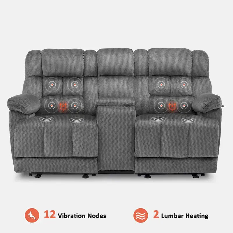 Power Loveseat Recliner with Console, Vibration and Heat, USB Charge Ports RS6234
