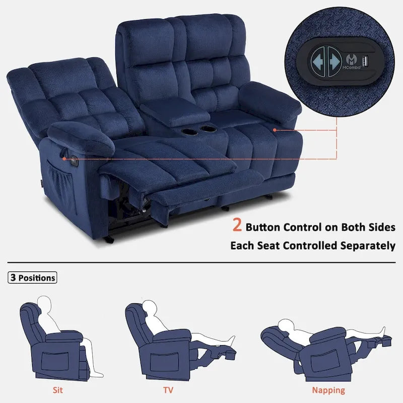 Power Loveseat Recliner with Console, Vibration and Heat, USB Charge Ports RS6234