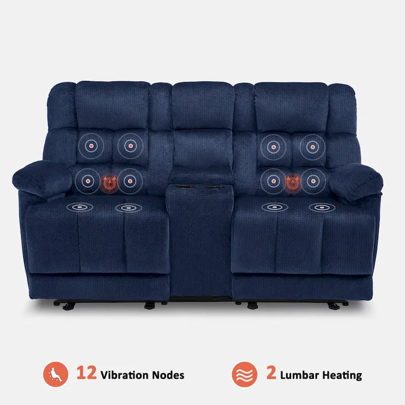Power Loveseat Recliner with Console, Vibration and Heat, USB Charge Ports RS6234