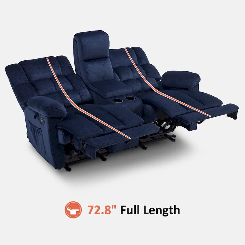 Power Loveseat Recliner with Console, Vibration and Heat, USB Charge Ports RS6234