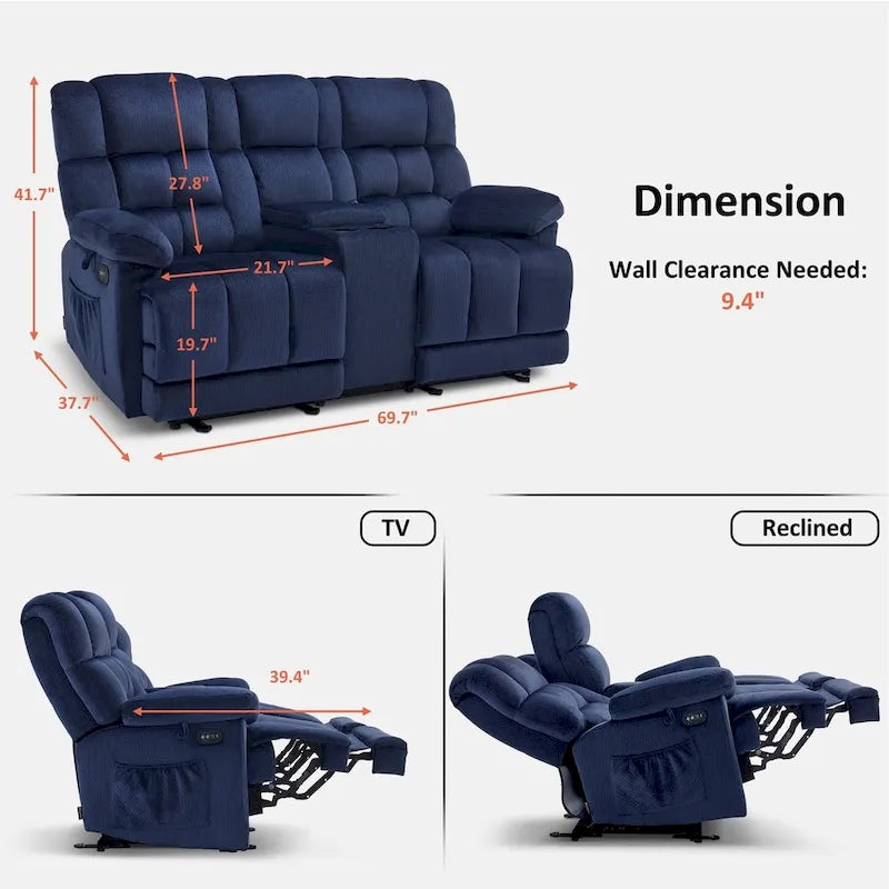 Power Loveseat Recliner with Console, Vibration and Heat, USB Charge Ports RS6234