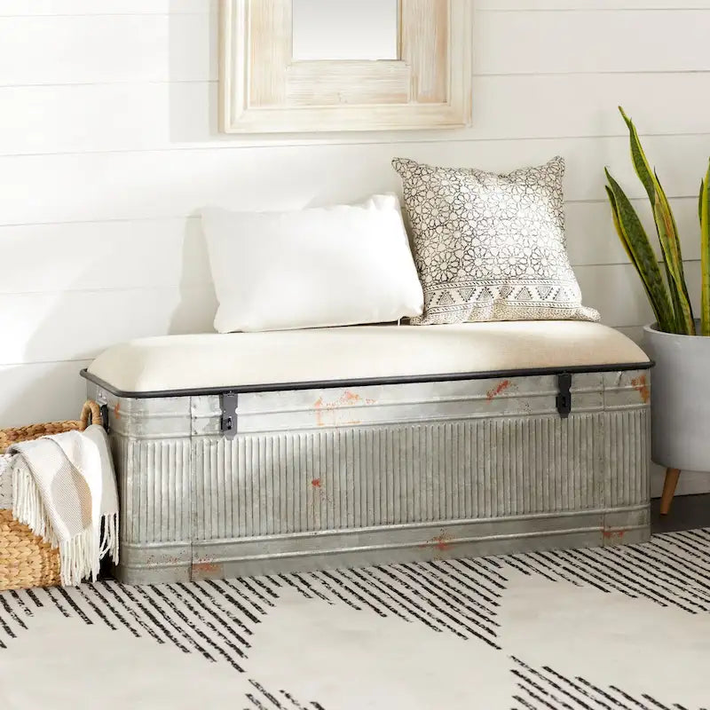 Metal Galvanized Storage Bench with Cream Burlap Top and Black Latches - Gray