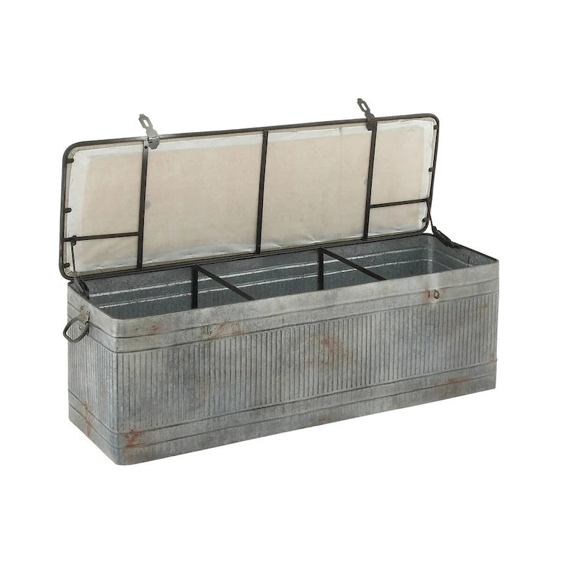 Metal Galvanized Storage Bench with Cream Burlap Top and Black Latches - Gray