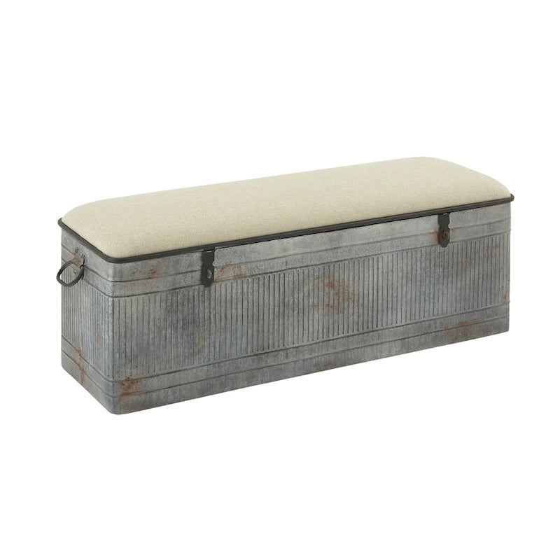 Metal Galvanized Storage Bench with Cream Burlap Top and Black Latches - Gray