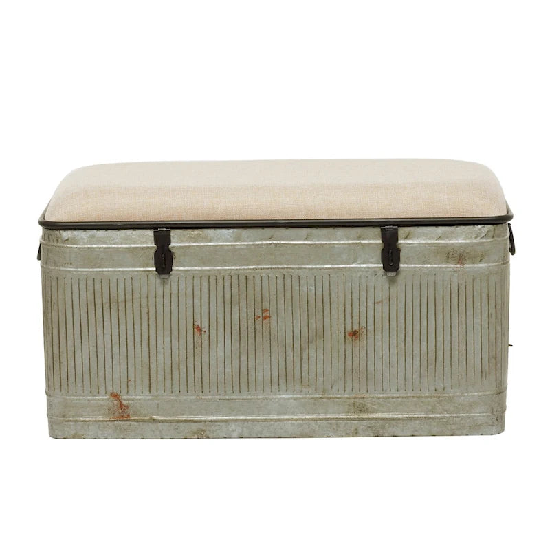 Metal Galvanized Storage Bench with Cream Burlap Top and Black Latches - Gray