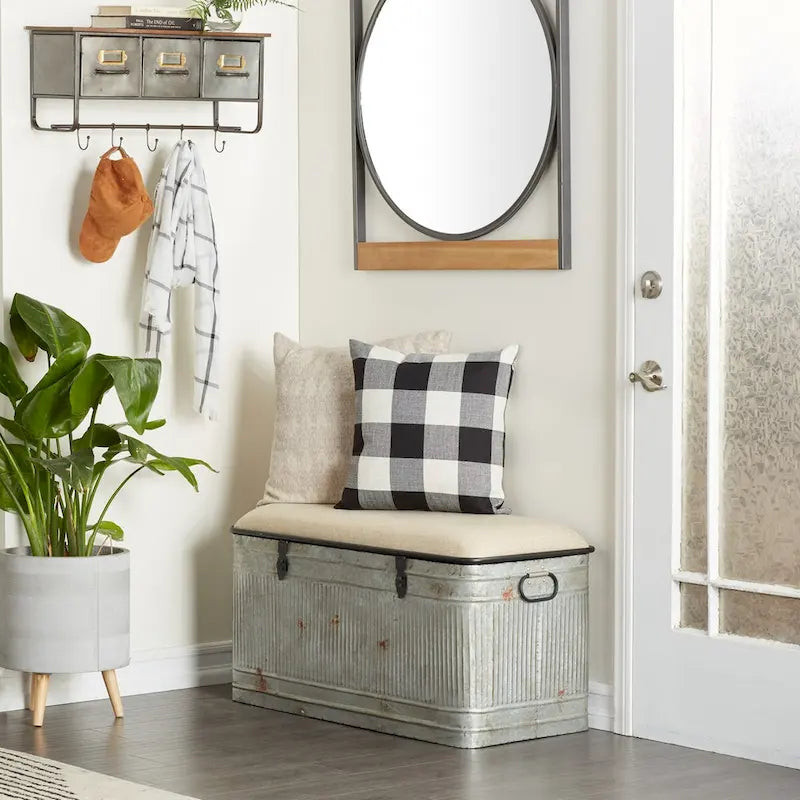 Metal Galvanized Storage Bench with Cream Burlap Top and Black Latches - Gray