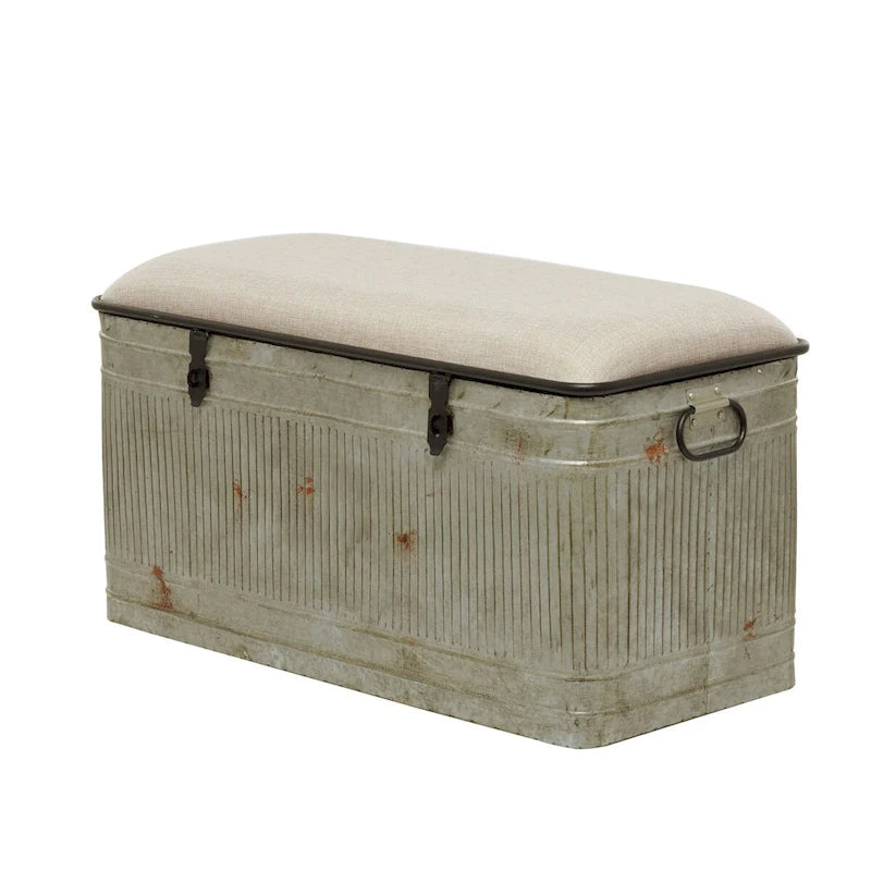 Metal Galvanized Storage Bench with Cream Burlap Top and Black Latches - Gray