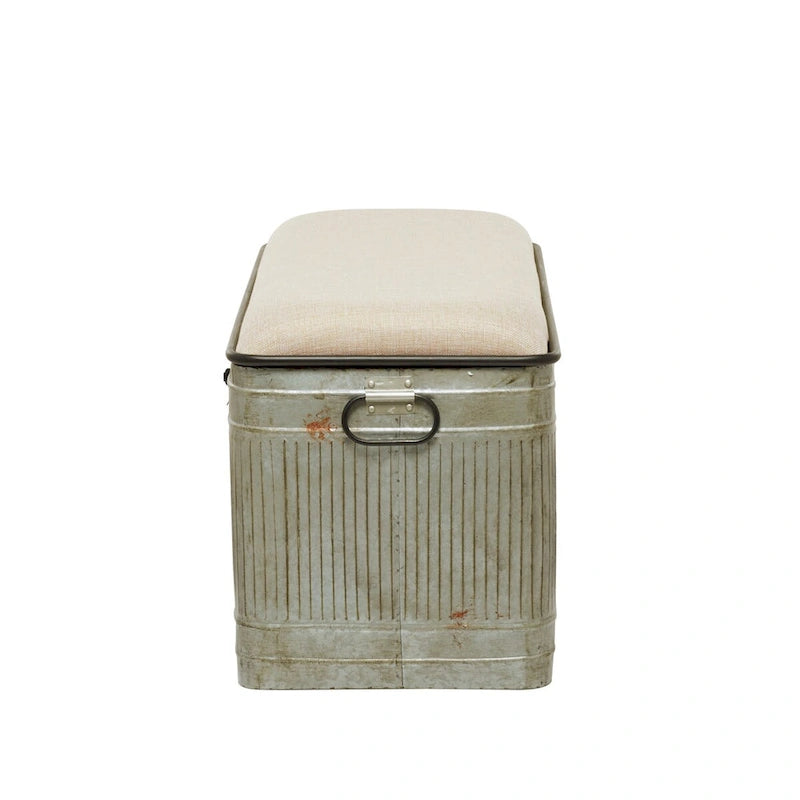 Metal Galvanized Storage Bench with Cream Burlap Top and Black Latches - Gray