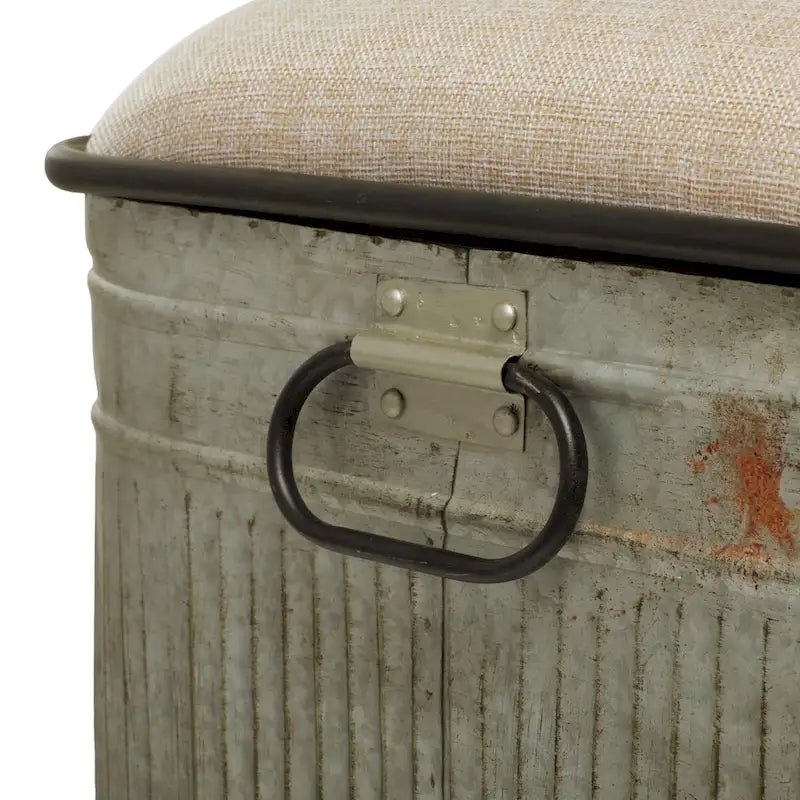 Metal Galvanized Storage Bench with Cream Burlap Top and Black Latches - Gray