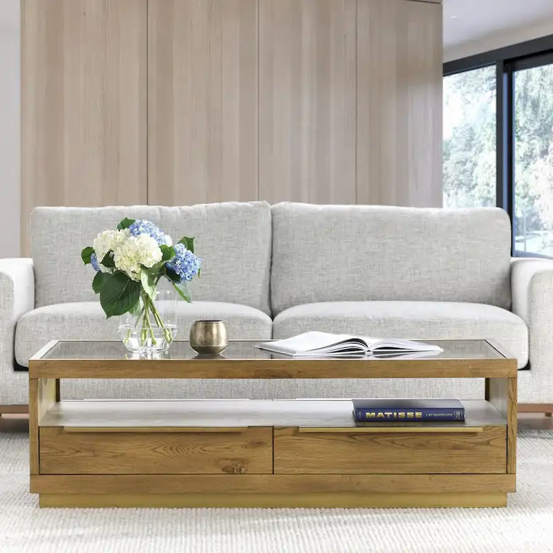 Four-Drawer Coffee Table with Glass Top in Brown