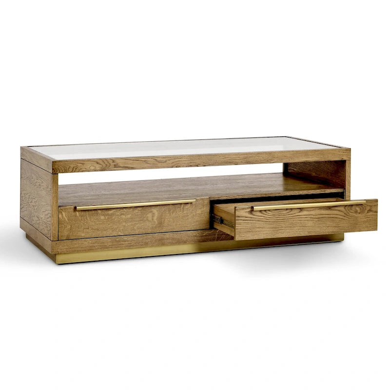 Four-Drawer Coffee Table with Glass Top in Brown