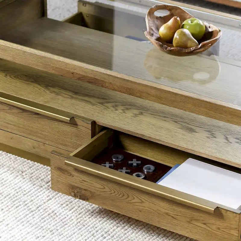 Four-Drawer Coffee Table with Glass Top in Brown