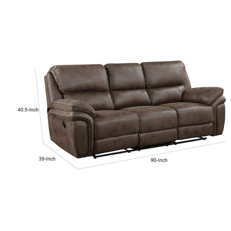 90 Inch Double Manual Recliner Sofa, Brown Microfiber, Solid Wood