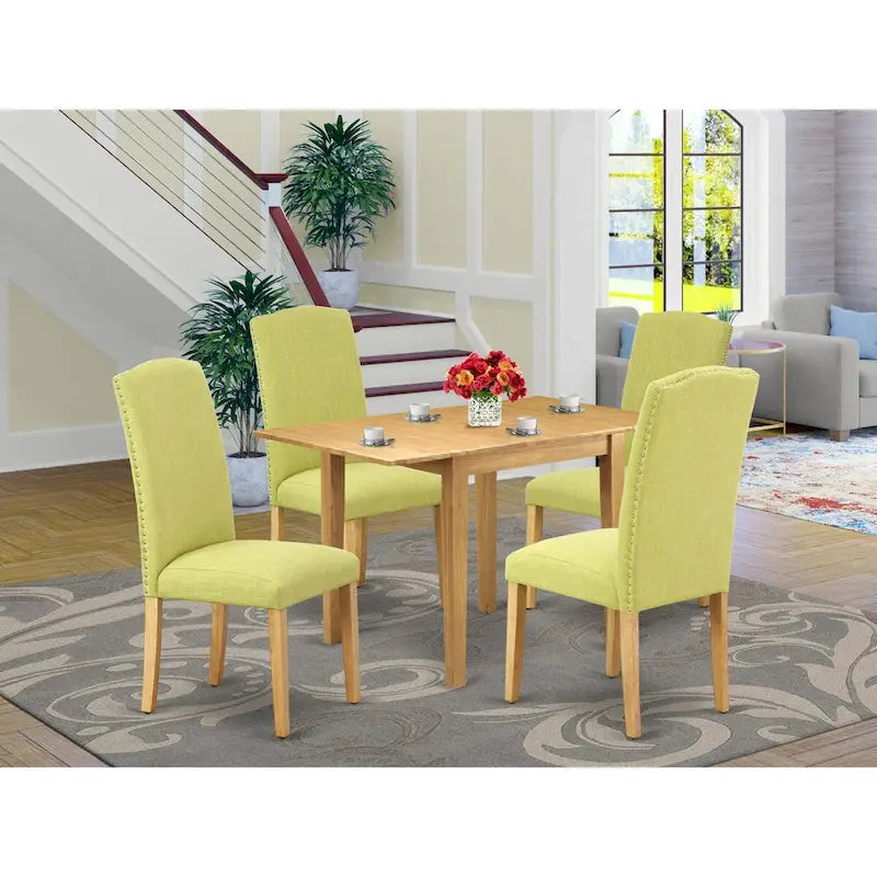 Drop-Leaf Dining Table Set with Linen Fabric Chairs, Oak