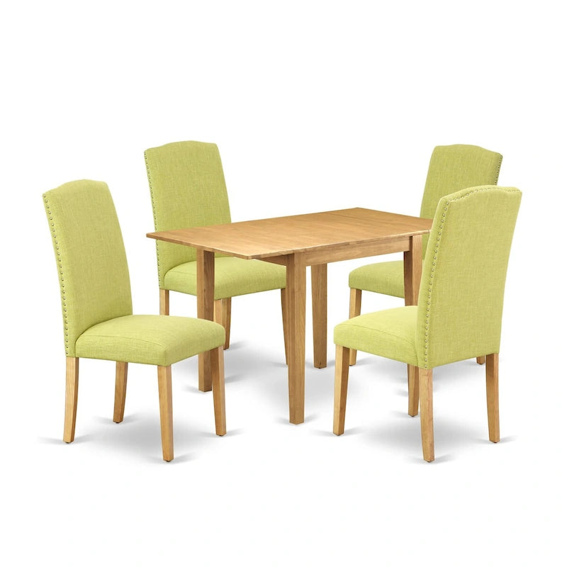 Drop-Leaf Dining Table Set with Linen Fabric Chairs, Oak