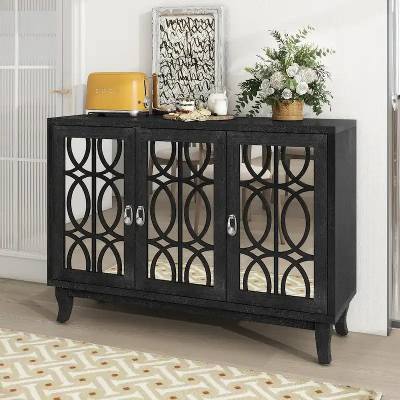 Sideboard Buffet Cabinet with 3 Mirrored Glass Doors and Silver Handle - 47.2L x 15.6W x 33.9H