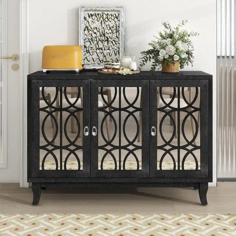 Sideboard Buffet Cabinet with 3 Mirrored Glass Doors and Silver Handle - 47.2L x 15.6W x 33.9H