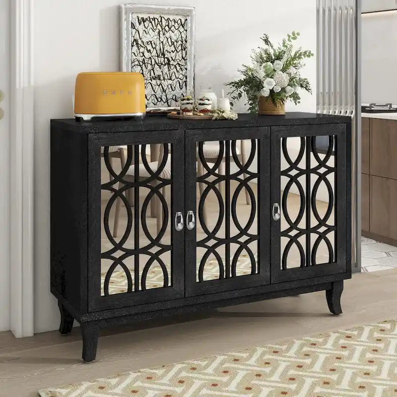 Sideboard Buffet Cabinet with 3 Mirrored Glass Doors and Silver Handle - 47.2L x 15.6W x 33.9H