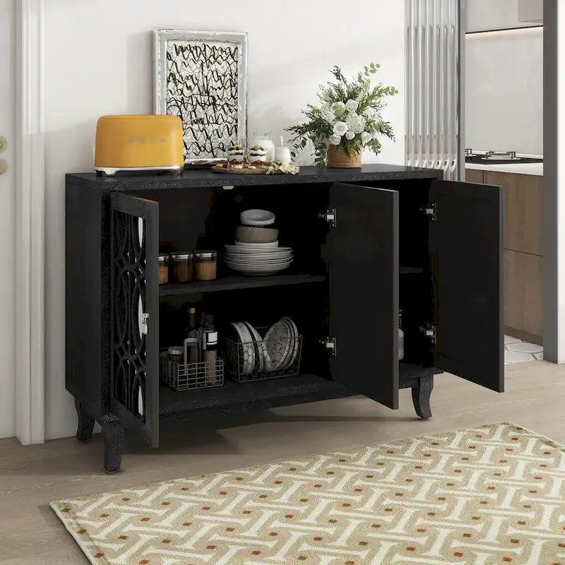 Sideboard Buffet Cabinet with 3 Mirrored Glass Doors and Silver Handle - 47.2L x 15.6W x 33.9H