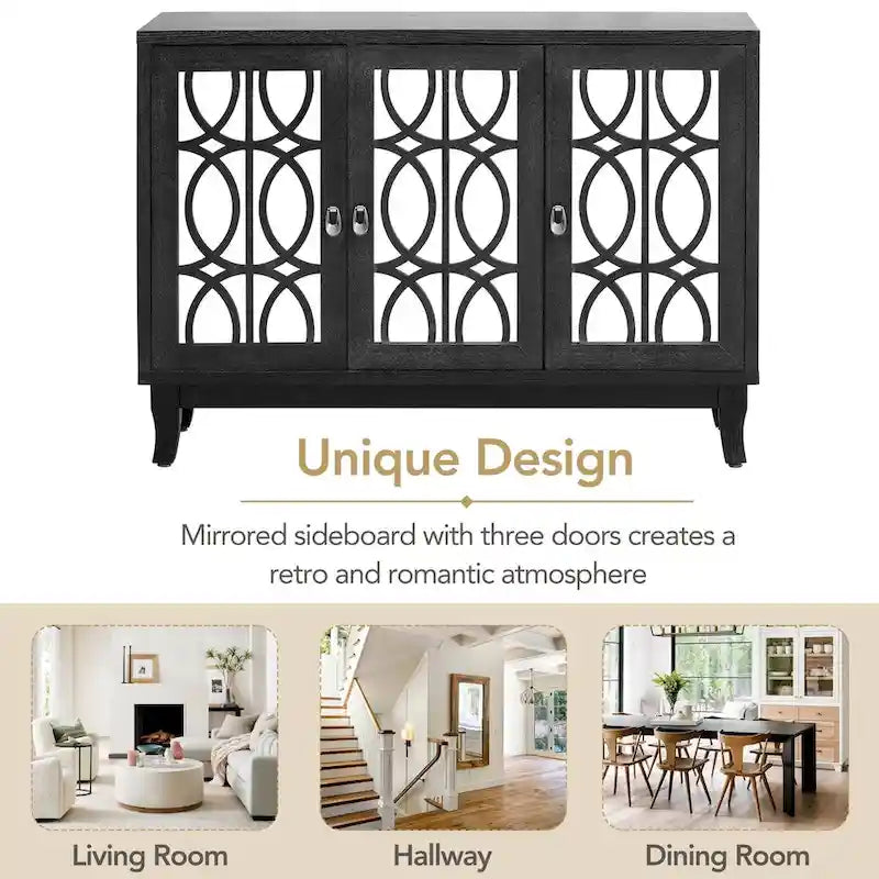 Sideboard Buffet Cabinet with 3 Mirrored Glass Doors and Silver Handle - 47.2L x 15.6W x 33.9H
