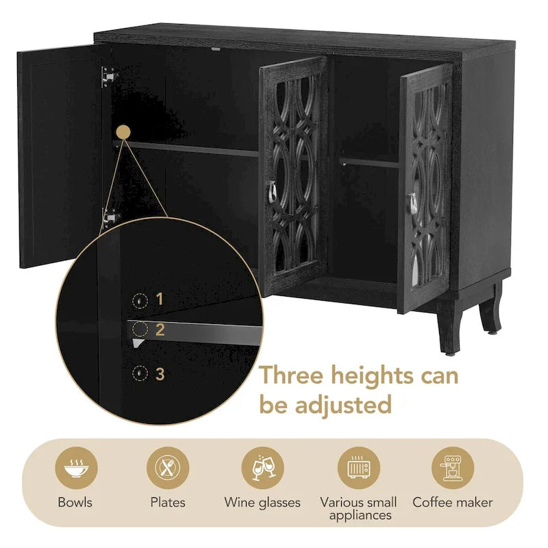 Sideboard Buffet Cabinet with 3 Mirrored Glass Doors and Silver Handle - 47.2L x 15.6W x 33.9H